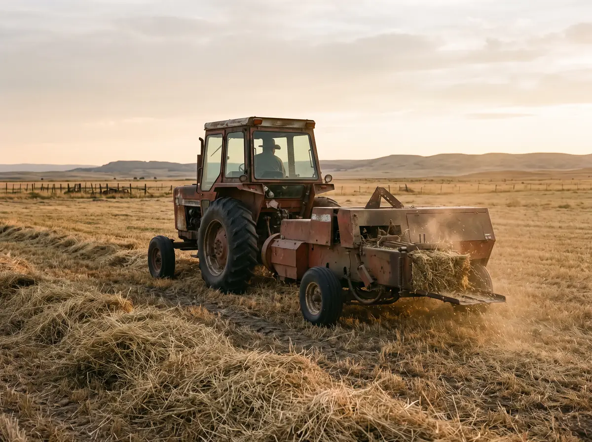 Tractor pulling a square baler through a hay windrow in evening light