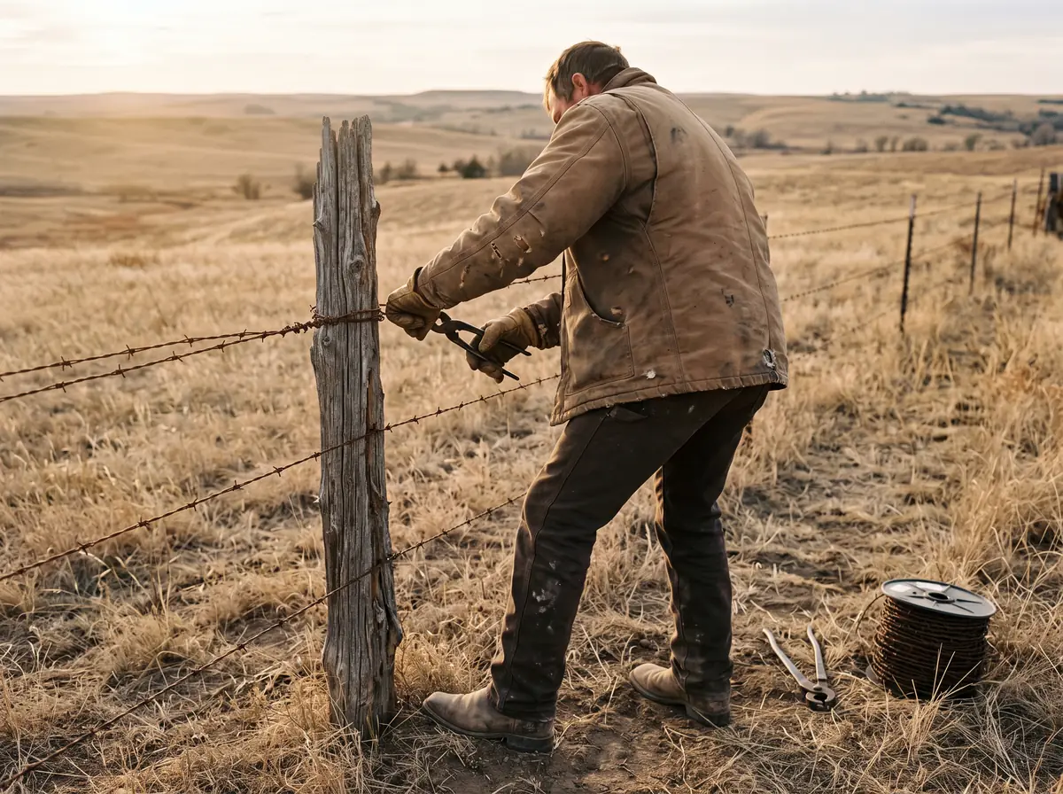 Ranch hand splicing barbed wire on a weathered cedar fence post at golden hour