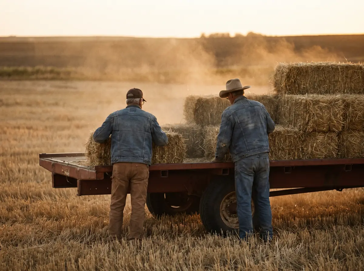 Two ranch hands loading square hay bales onto a flatbed trailer at sunset