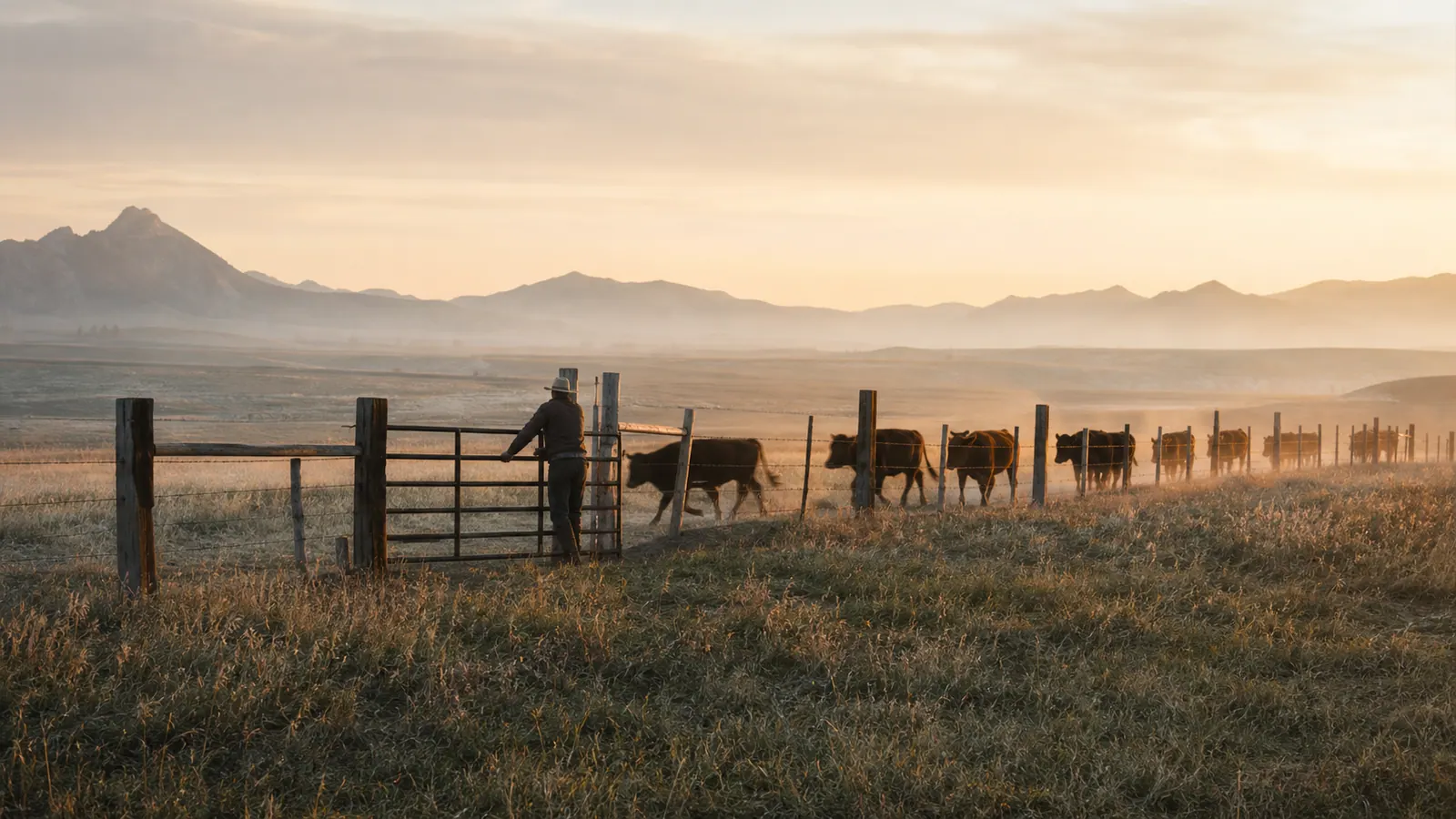 Ranch worker opening a pasture gate as cattle move along a fence line at dawn