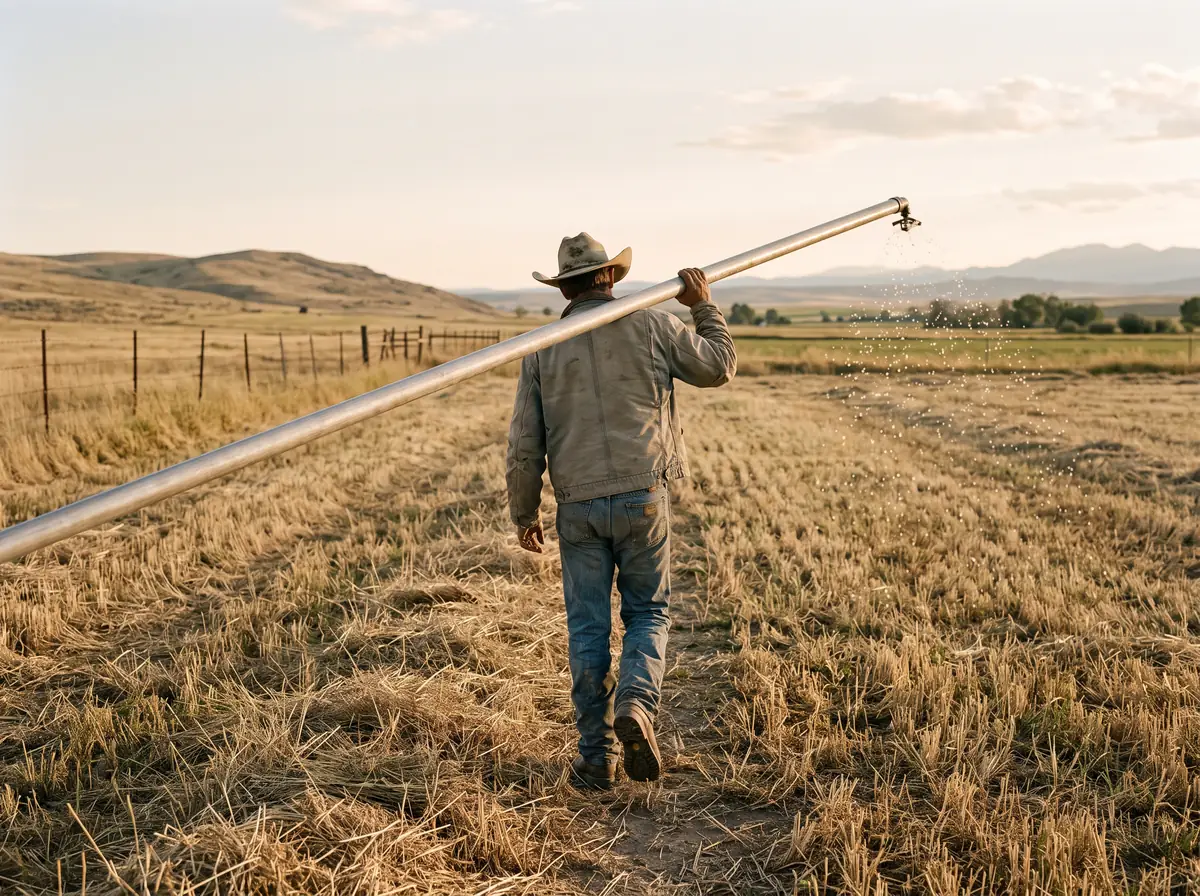 Ranch worker carrying a length of hand-line irrigation pipe across a cut hay meadow