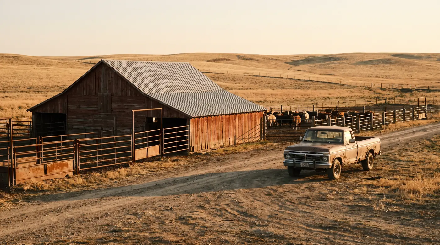 Working ranch headquarters at golden hour with corral panels, cattle in the pens, and a ranch pickup