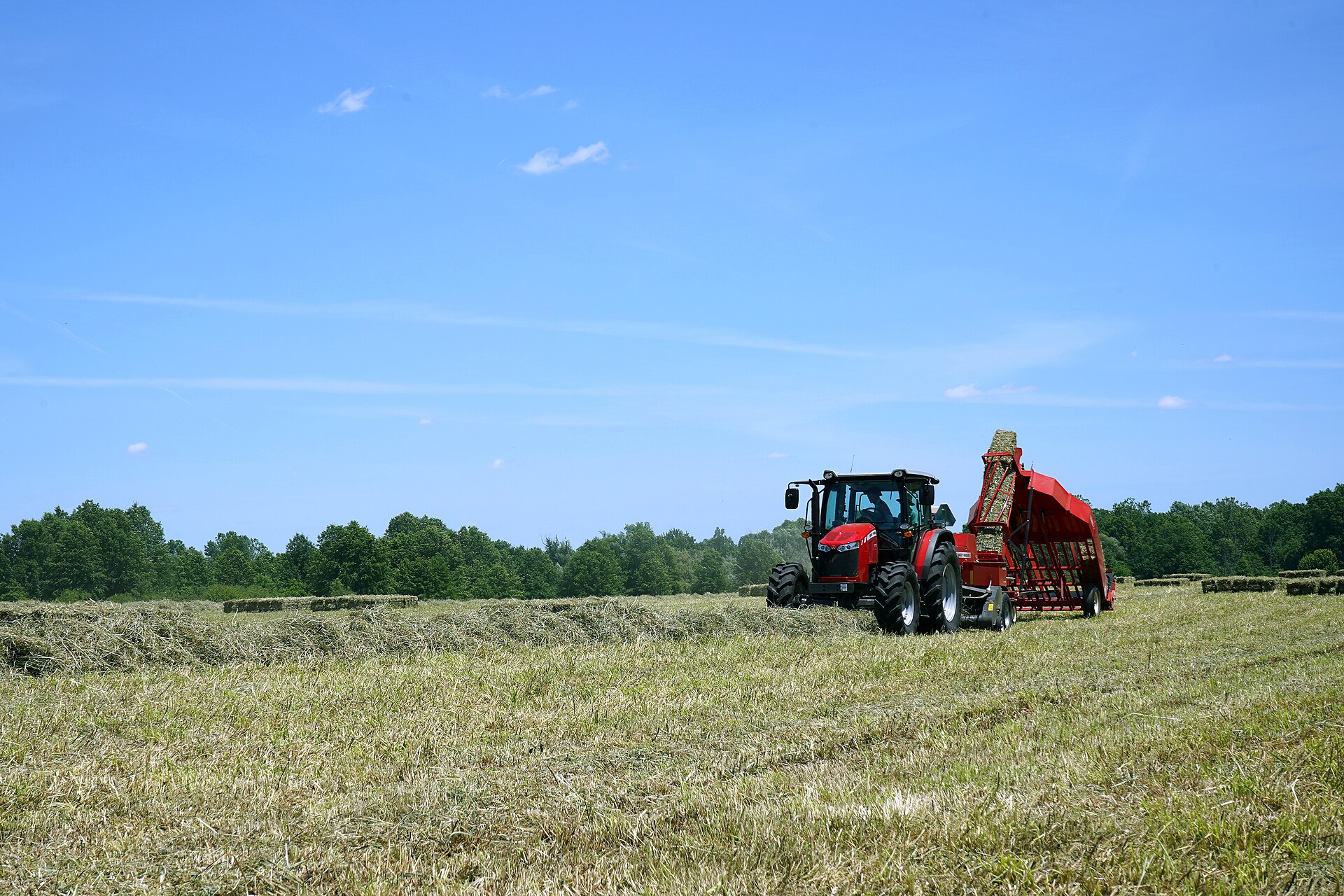 Tractor baling hay with an accumulator behind